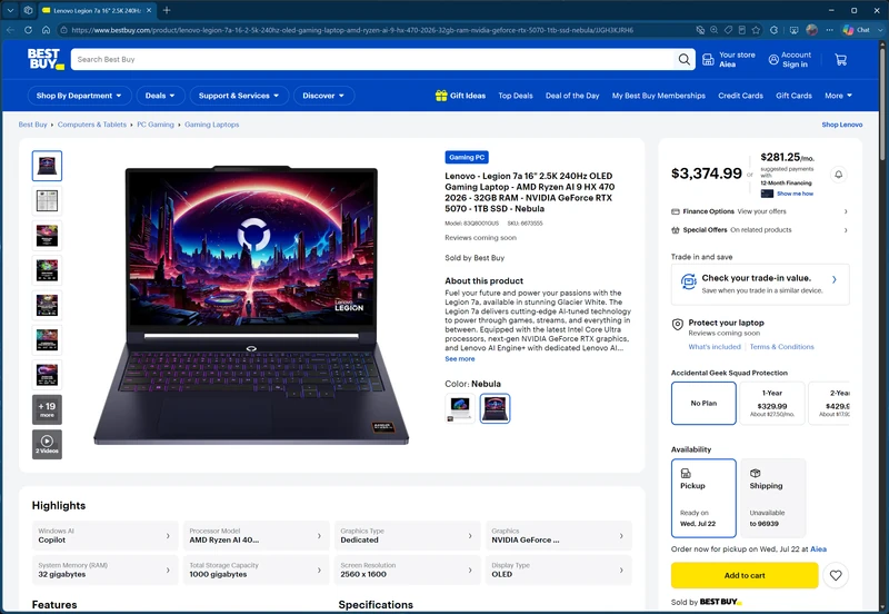 لپ‌تاپ Lenovo Legion 7a با پردازنده گرافیکی RTX 5070 12GB در Best Buy