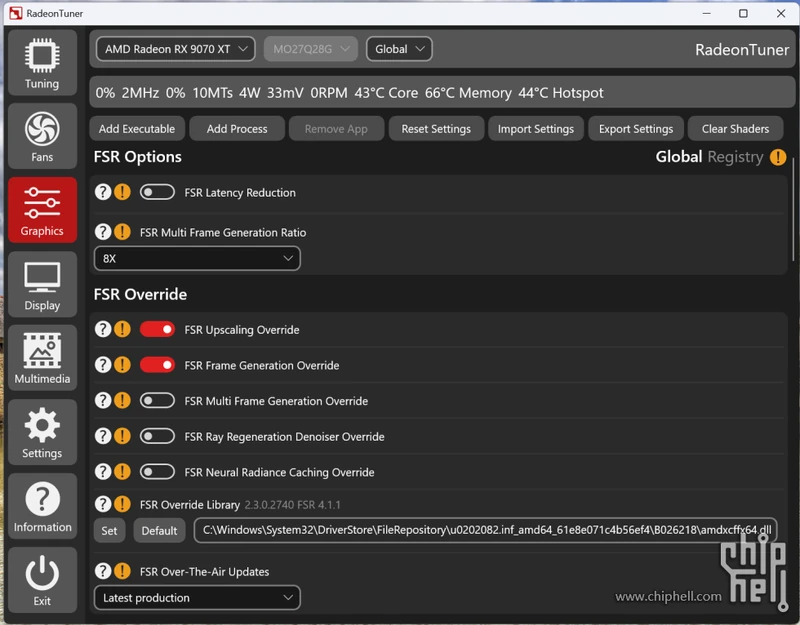 A screenshot of RadeonTuner revealing FSR Multi Frame Generation settings