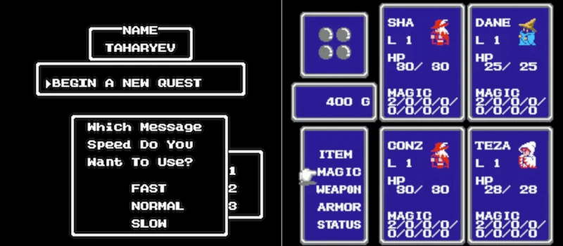 تصاویری از بازی‌های Dragon Warrior و Final Fantasy برای NES 8 بیتی که نام شخصیت‌های تولید شده توسط هوش مصنوعی را نشان می‌دهند.