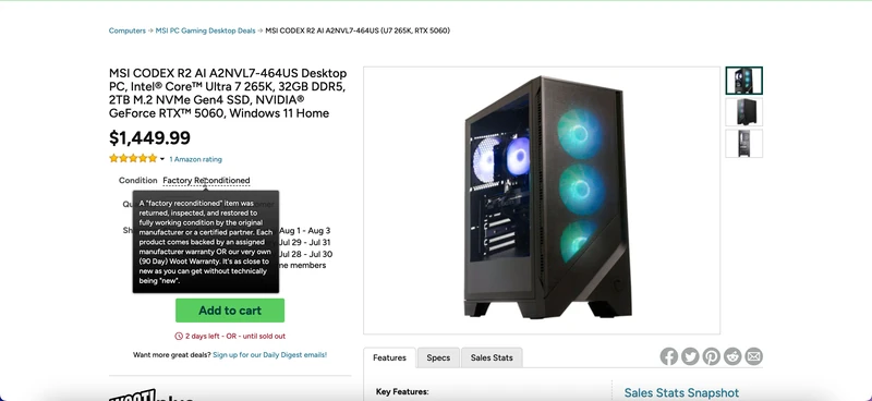 یک کامپیوتر گیمینگ MSI بازسازی شده کارخانه‌ای در Woot