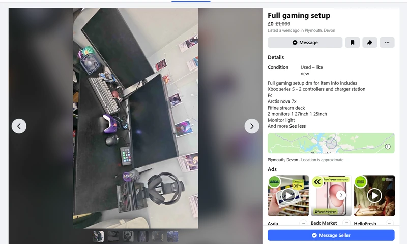 یک لیست پرخطر در Facebook Marketplace برای یک سیستم کامل گیمینگ رایگان