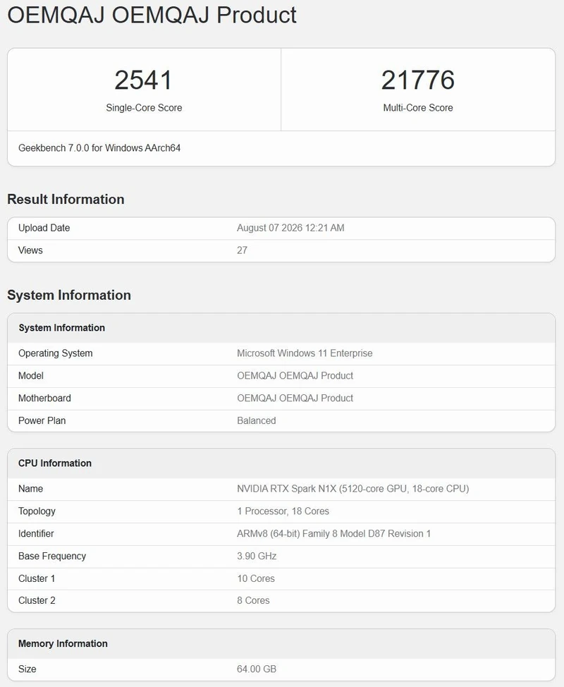 RTX Spark Superchip Geekbench listing