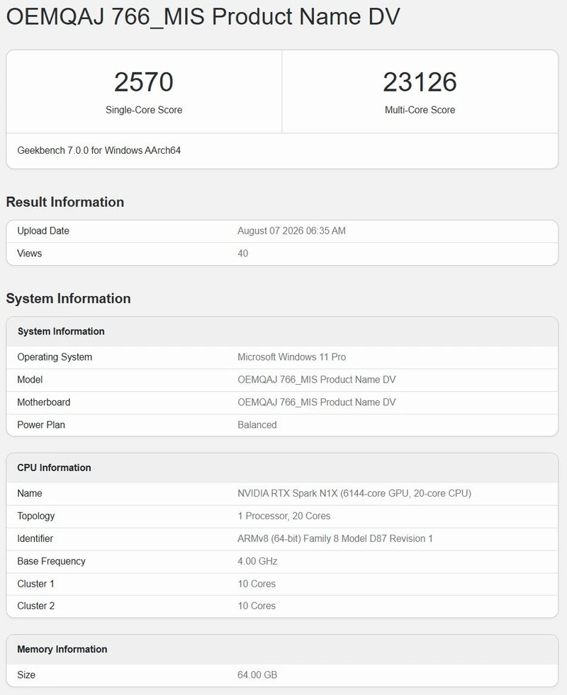 RTX Spark Superchip Geekbench listing
