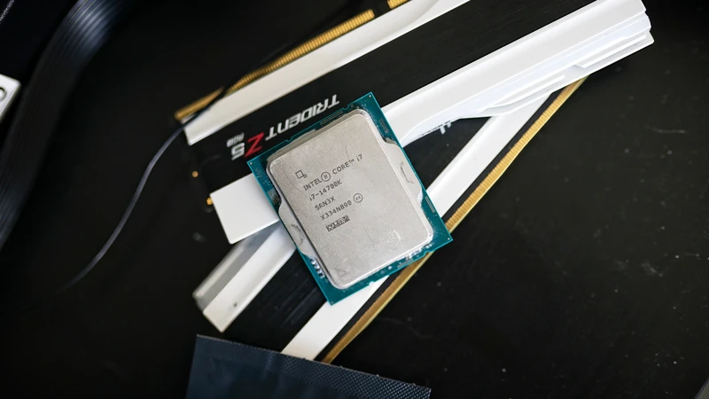 The Intel Core i7-14700K sitting on a table.