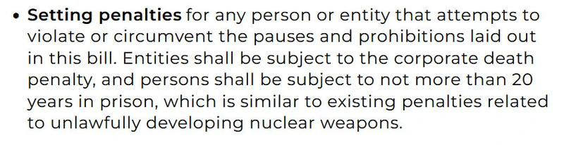 Ban Artificial Superintelligence Act wording on penalties